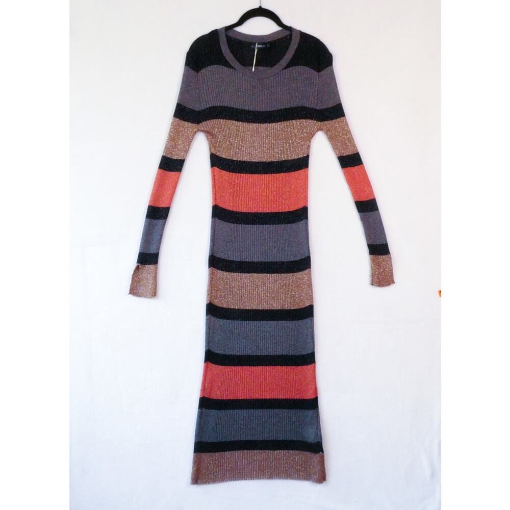 NWT Zara Knit Shimmer Stripe Maxi Dress Size S Long Sleeve Bodycon Ribbed Party